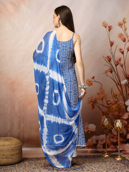 Blue Bandhani Printed & Embroidered Rayon A-Line Kurta Dupatta Set (Pre-Order)