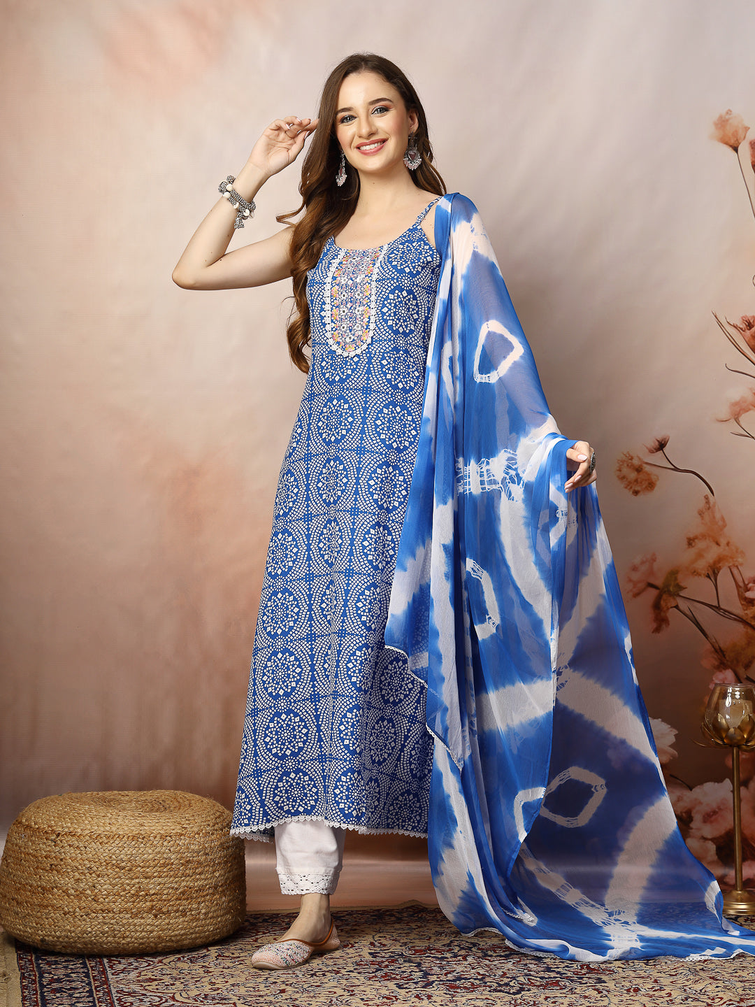 Blue Bandhani Printed & Embroidered Rayon A-Line Kurta Dupatta Set (Pre-Order)