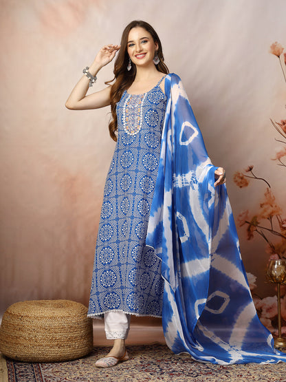 Blue Bandhani Printed & Embroidered Rayon A-Line Kurta Dupatta Set (Pre-Order)