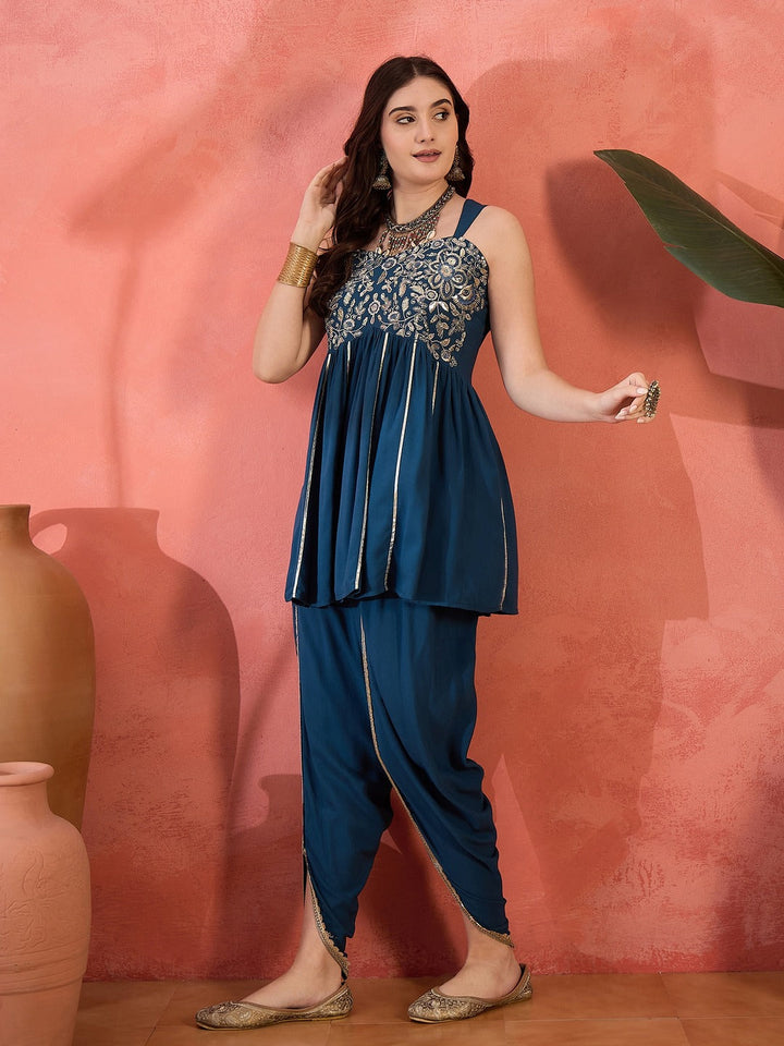 Blue Solid &amp; Embroidered Rayon A-Line Kurti With Dhoti Pant