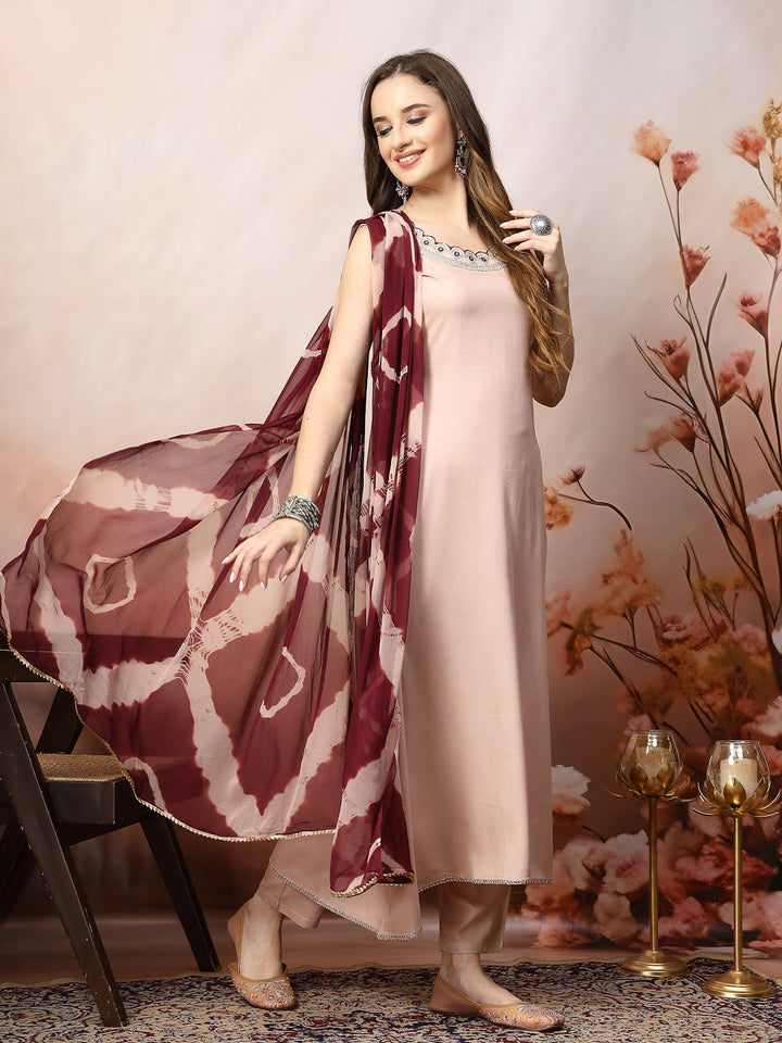 Rose Gold Solid &amp; Embroidered Rayon A-Line Kurta Dupatta Set