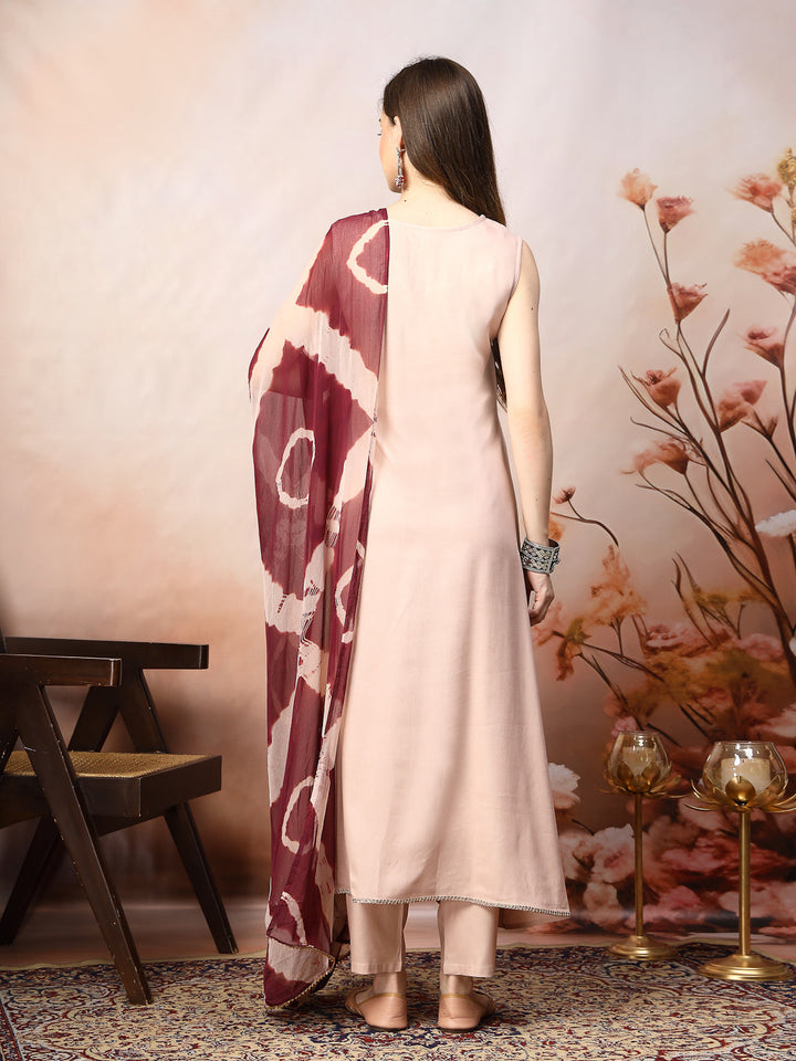 Rose Gold Solid &amp; Embroidered Rayon A-Line Kurta Dupatta Set