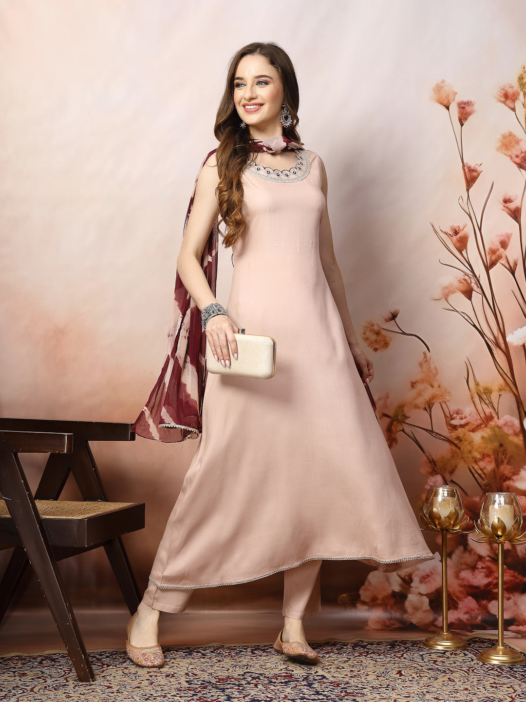 Rose Gold Solid &amp; Embroidered Rayon A-Line Kurta Dupatta Set