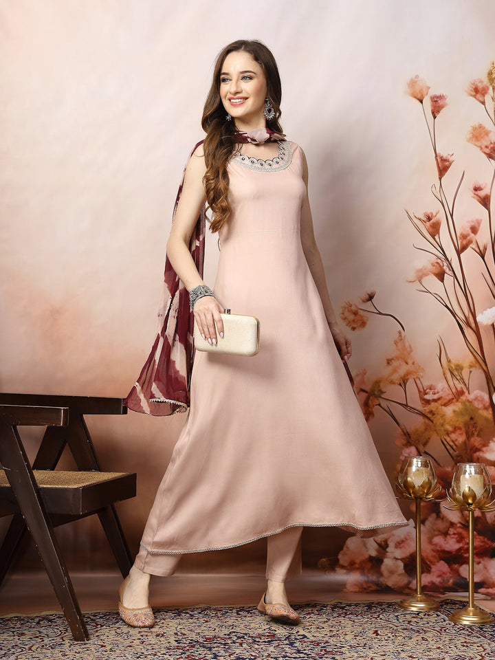 Rose Gold Solid &amp; Embroidered Rayon A-Line Kurta Dupatta Set