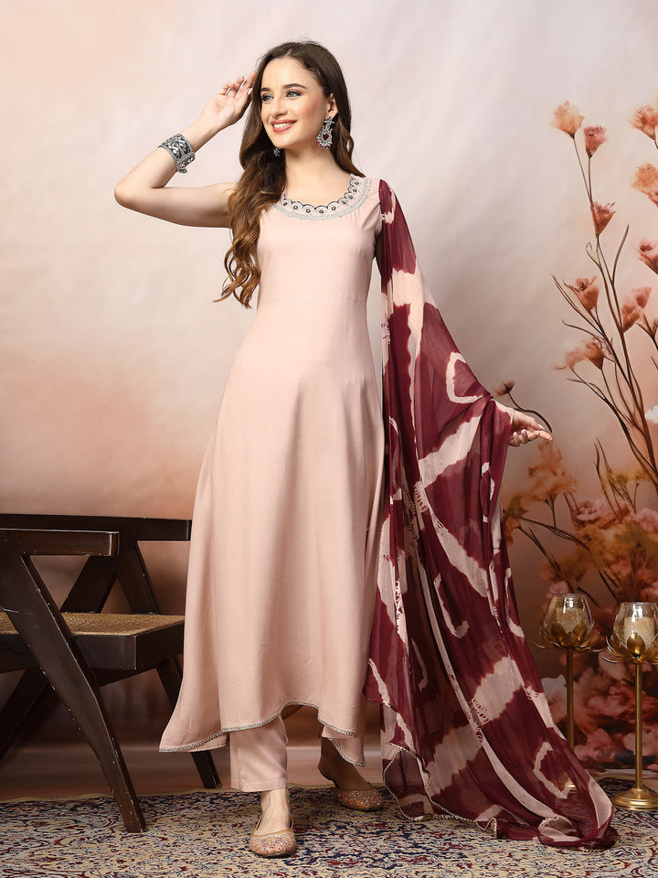 Rose Gold Solid &amp; Embroidered Rayon A-Line Kurta Dupatta Set