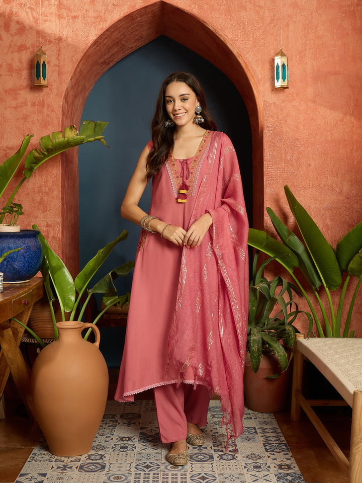Solid &amp; Embroidered Rayon A-Line Kurta With Dupatta