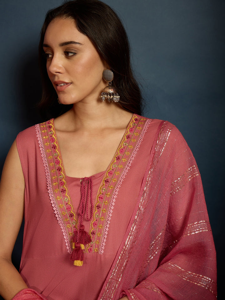 Solid &amp; Embroidered Rayon A-Line Kurta With Dupatta