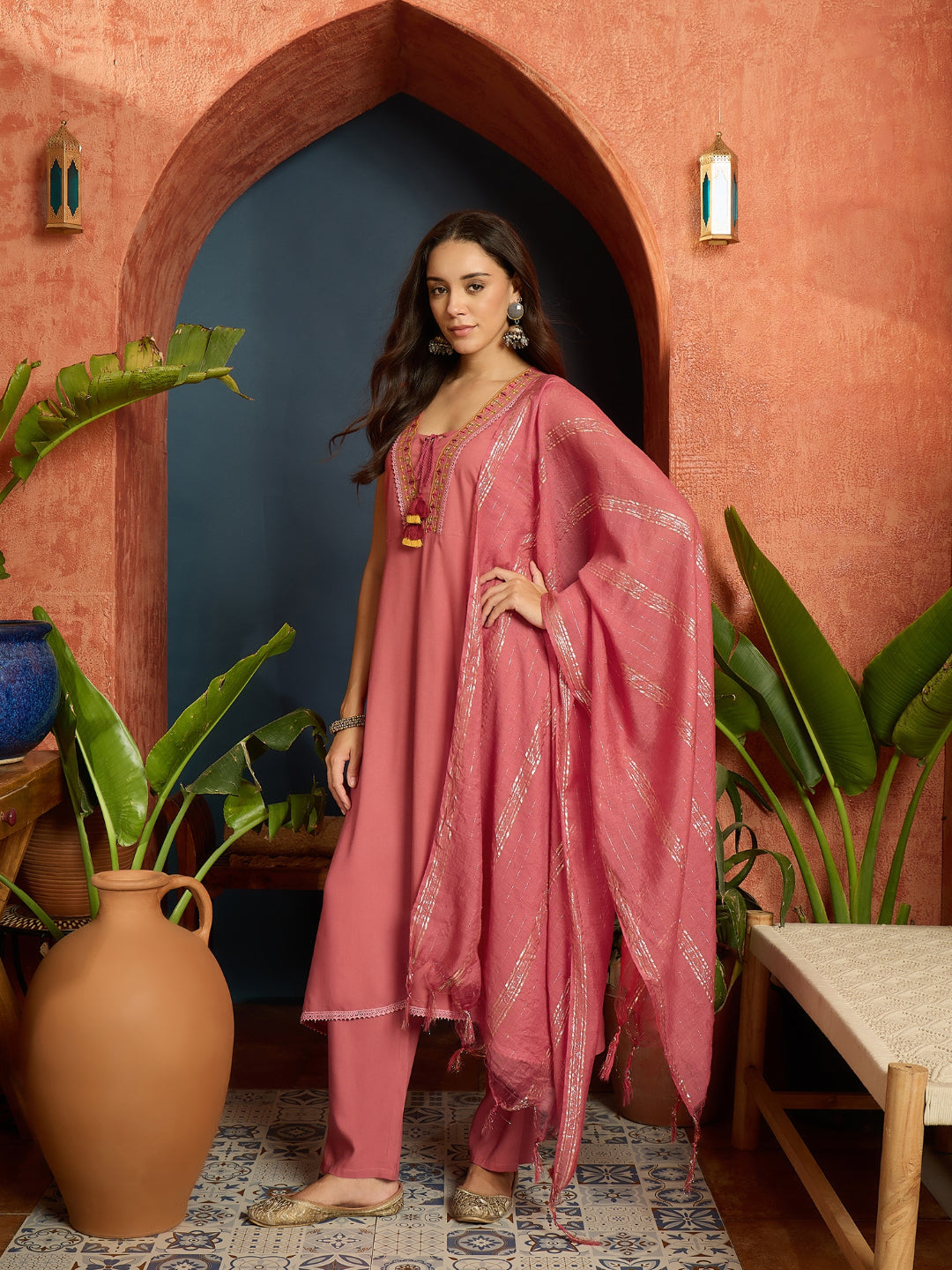Solid &amp; Embroidered Rayon A-Line Kurta With Dupatta