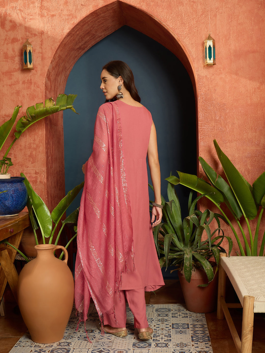 Solid &amp; Embroidered Rayon A-Line Kurta With Dupatta