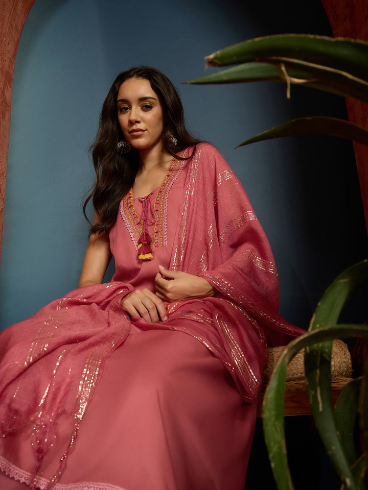 Solid &amp; Embroidered Rayon A-Line Kurta With Dupatta