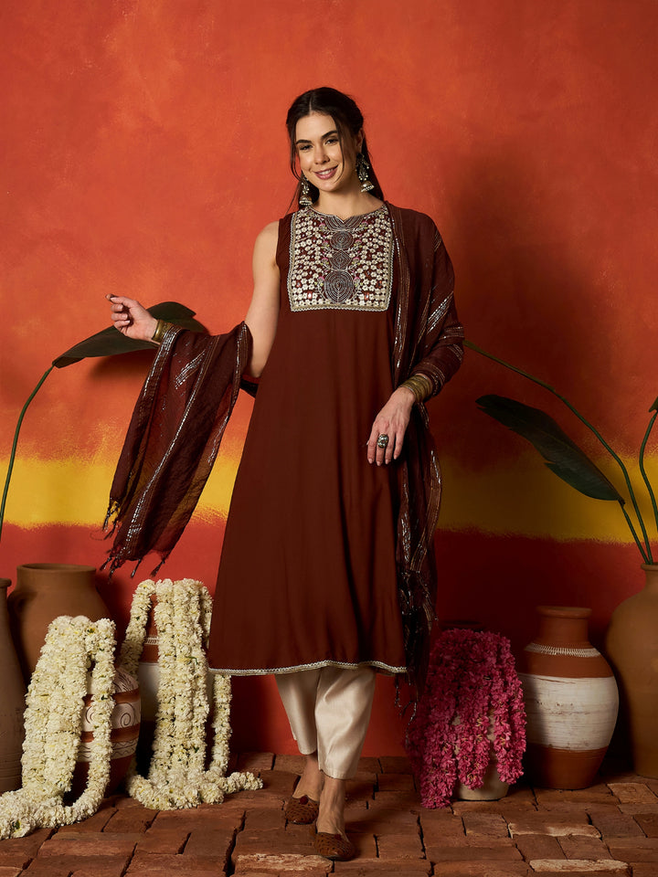 Solid &amp; Embroidered Rayon A-Line Kurta With Dupatta