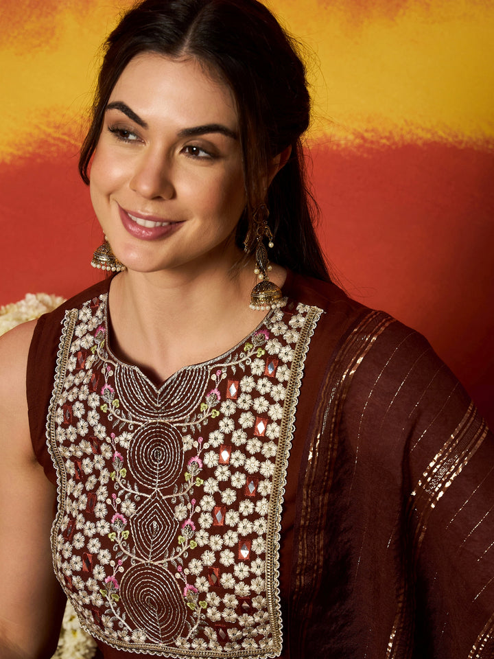 Solid &amp; Embroidered Rayon A-Line Kurta With Dupatta