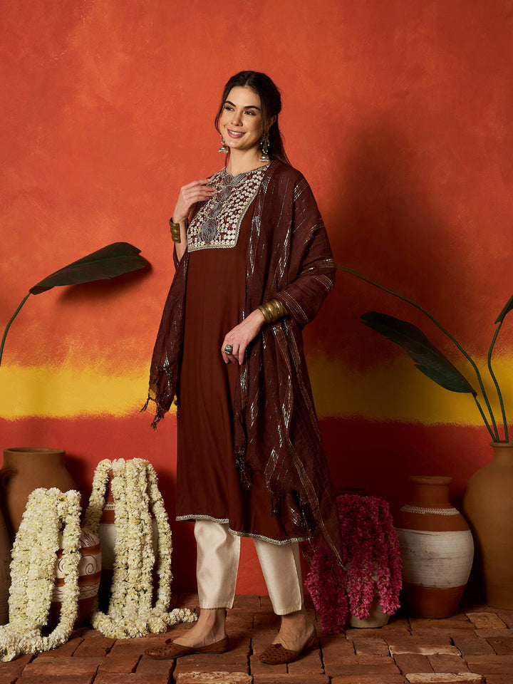 Solid &amp; Embroidered Rayon A-Line Kurta With Dupatta
