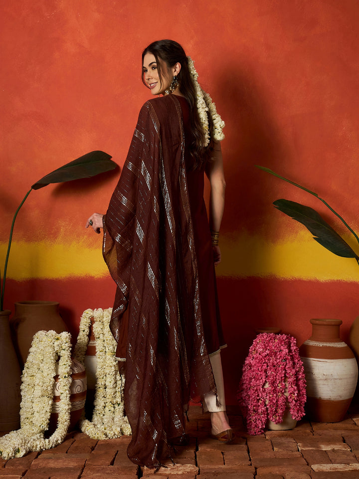Solid &amp; Embroidered Rayon A-Line Kurta With Dupatta