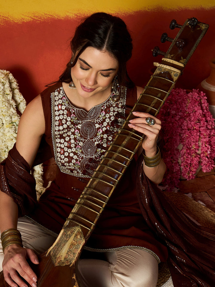 Solid &amp; Embroidered Rayon A-Line Kurta With Dupatta