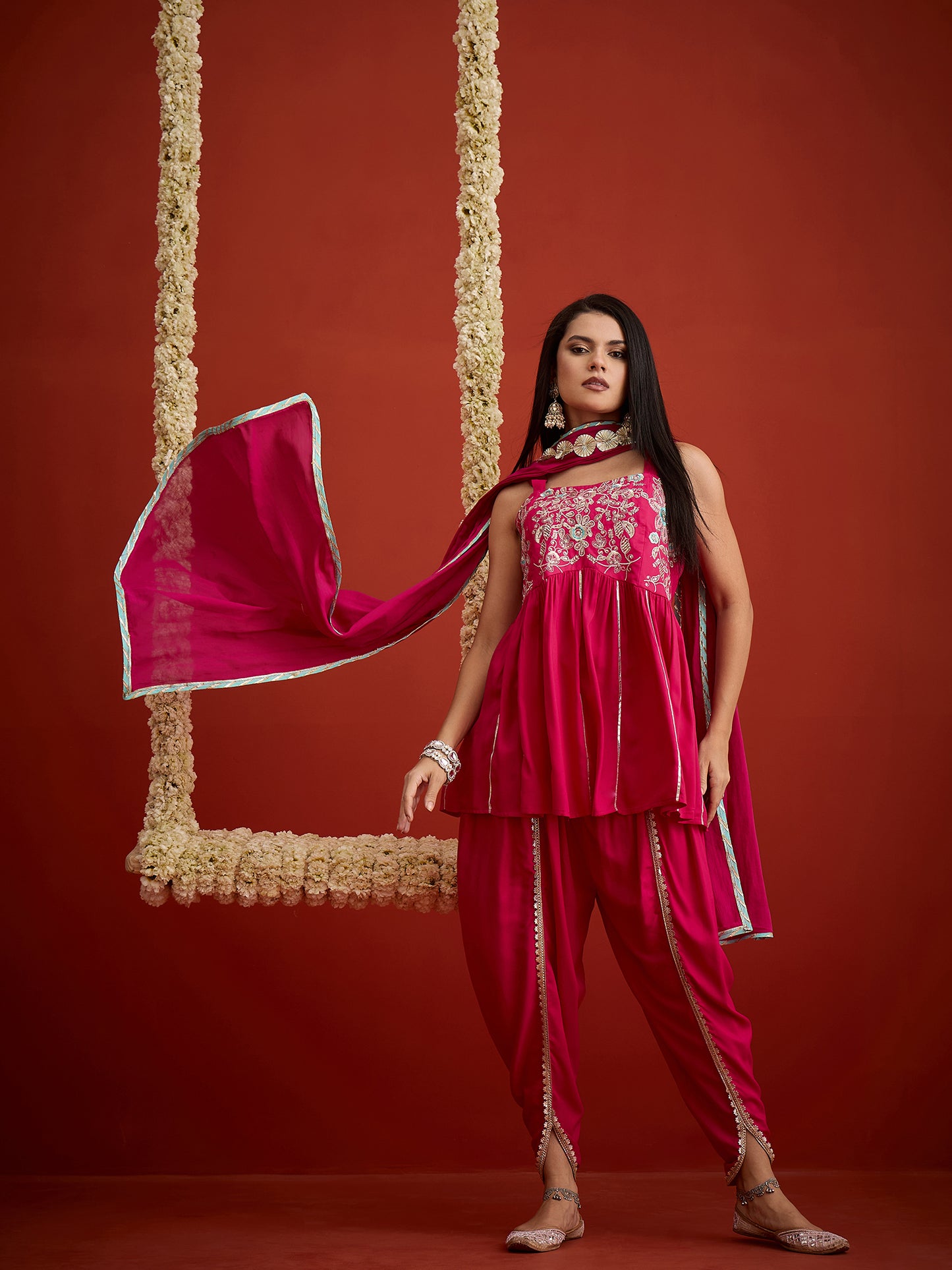 Solid & Embroidered Rayon A-Line Kurti Dhoti Pant With Dupatta Dupatta