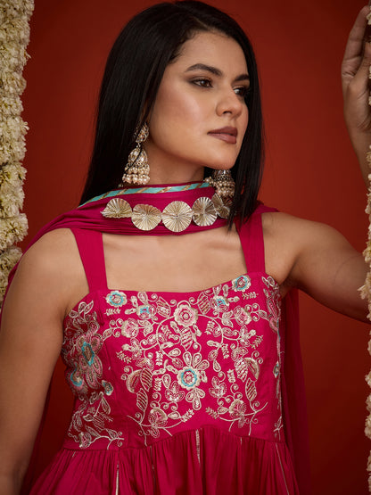 Solid & Embroidered Rayon A-Line Kurti Dhoti Pant With Dupatta Dupatta