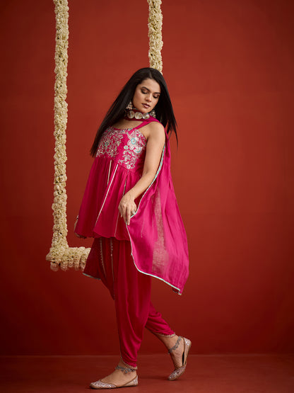 Solid & Embroidered Rayon A-Line Kurti Dhoti Pant With Dupatta Dupatta