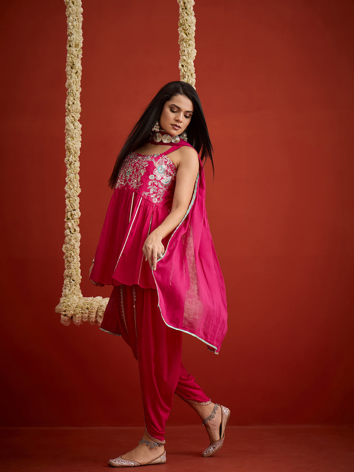 Solid &amp; Embroidered Rayon A-Line Kurti Dhoti Pant With Dupatta Dupatta