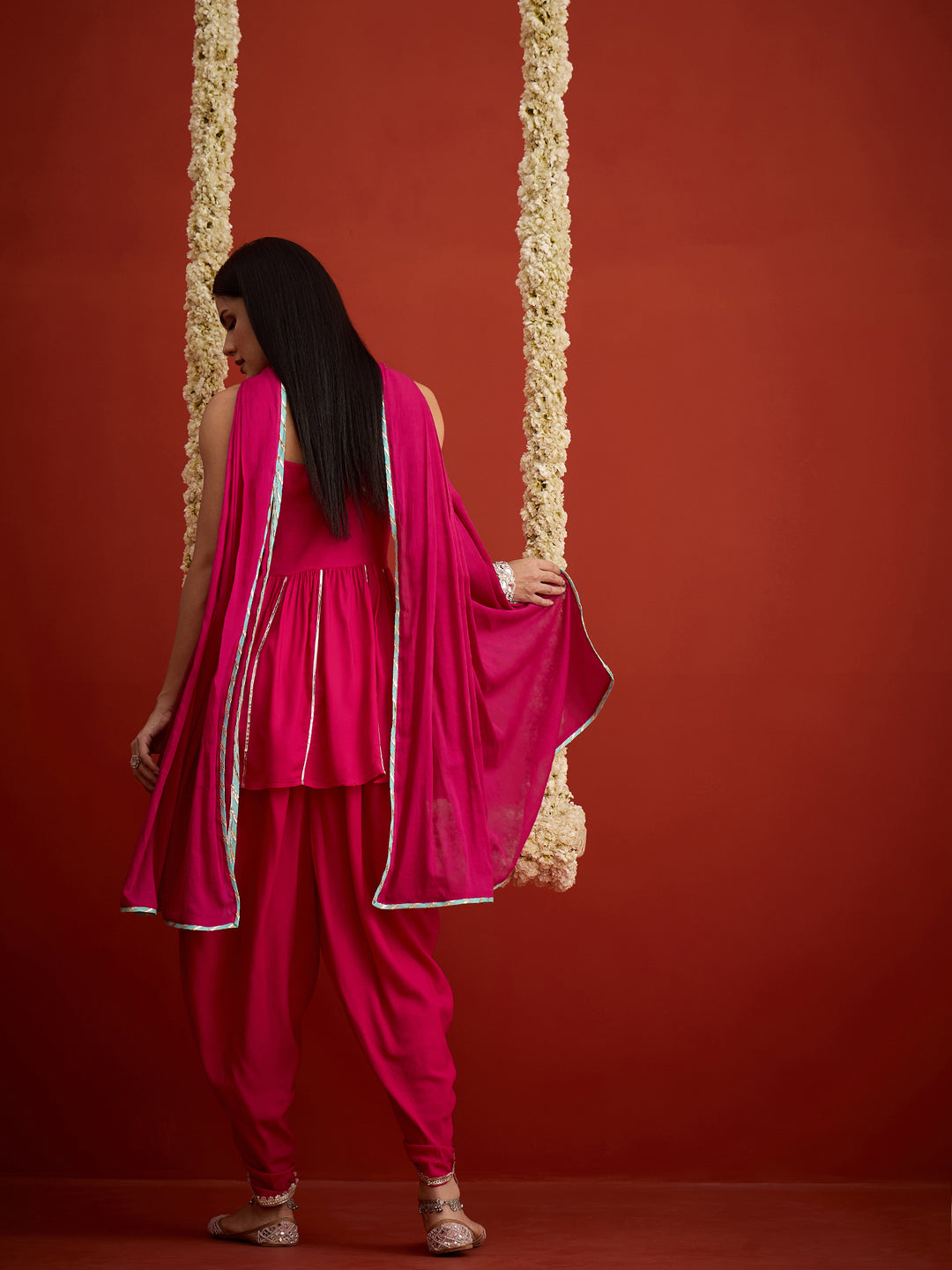 Solid &amp; Embroidered Rayon A-Line Kurti Dhoti Pant With Dupatta Dupatta