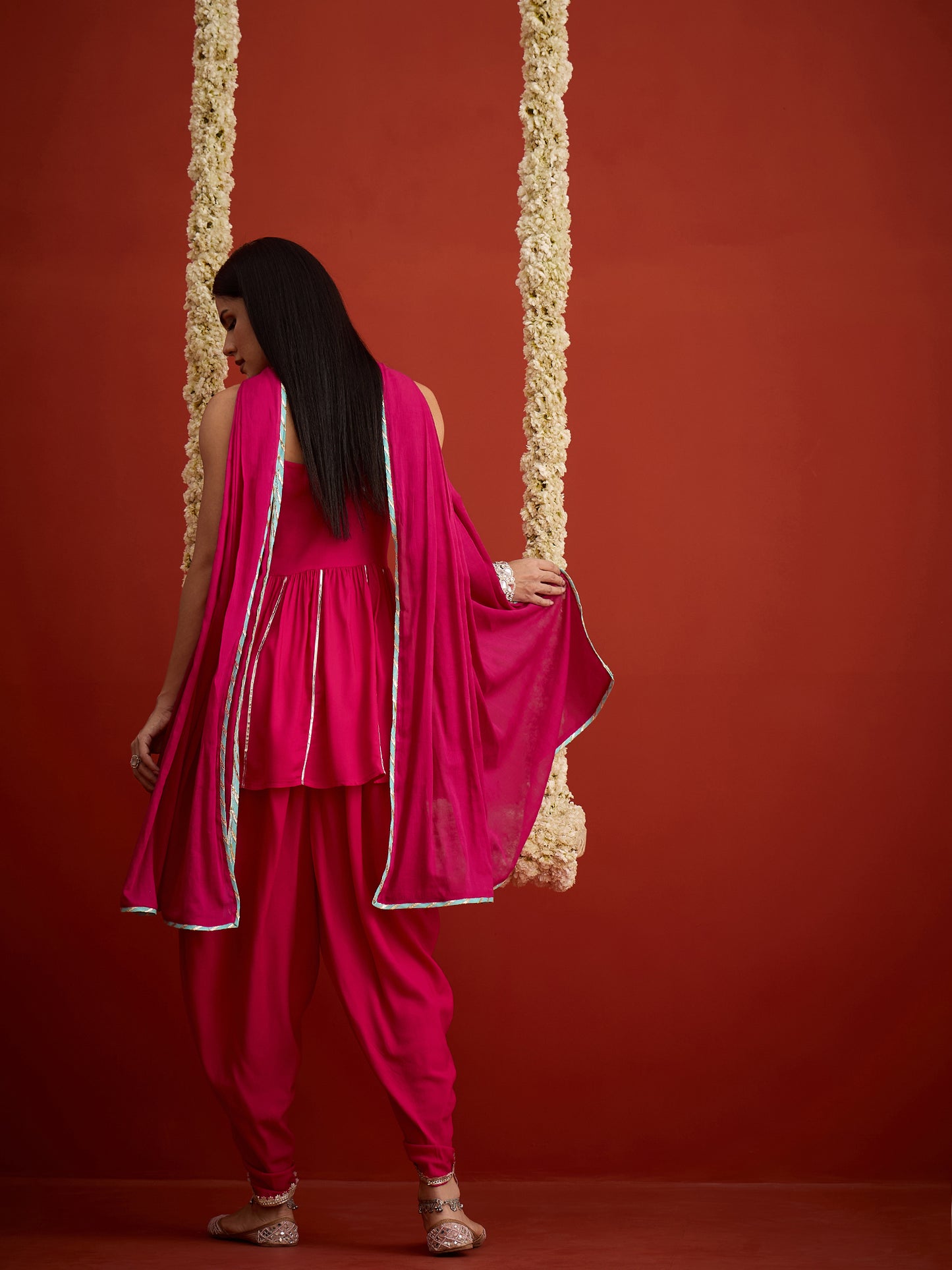 Solid & Embroidered Rayon A-Line Kurti Dhoti Pant With Dupatta Dupatta