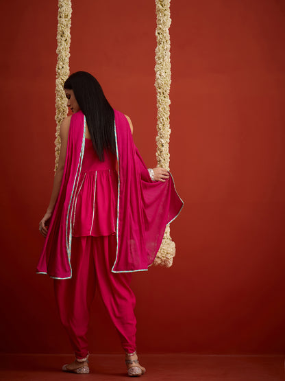 Solid & Embroidered Rayon A-Line Kurti Dhoti Pant With Dupatta Dupatta