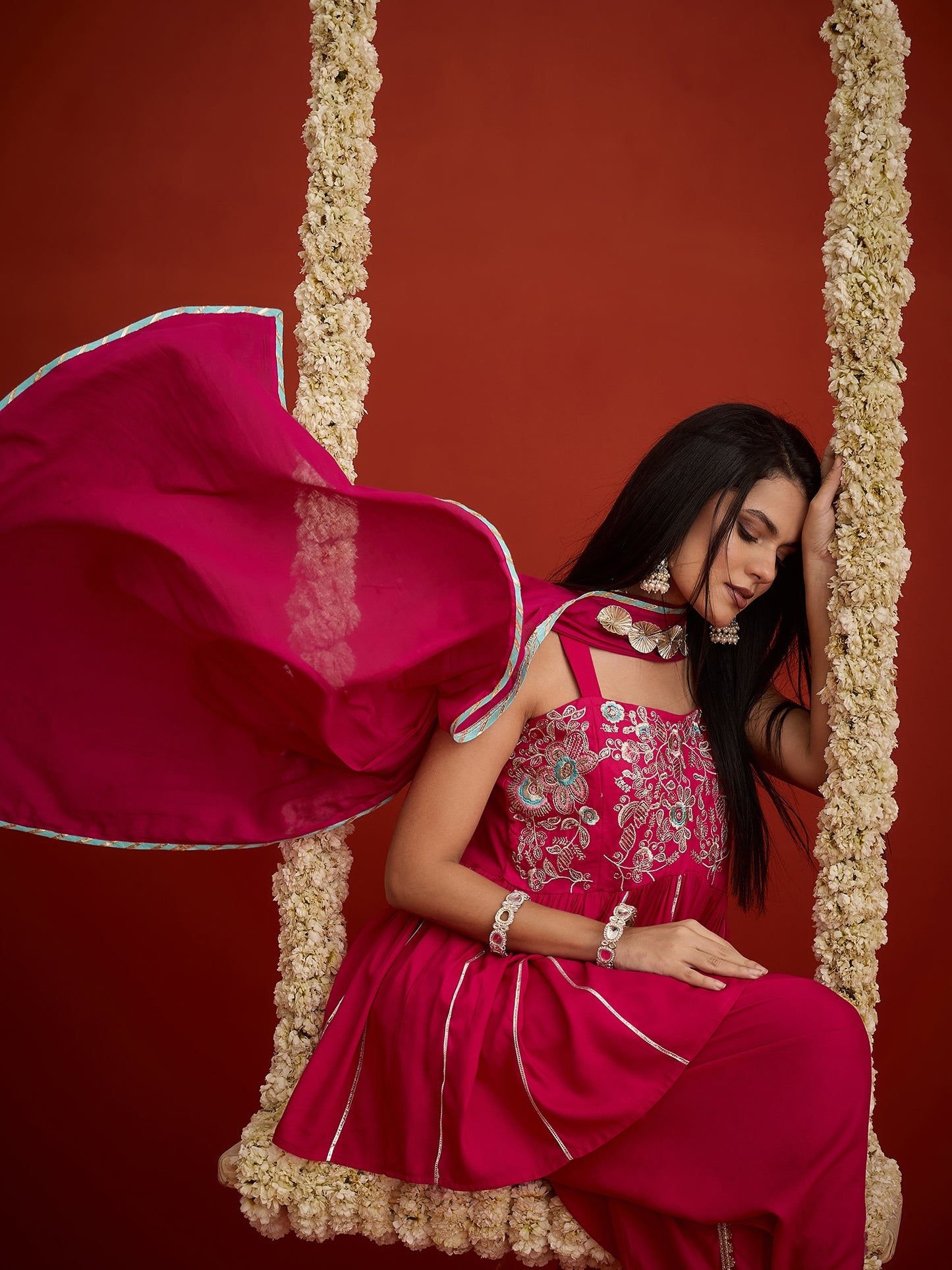 Solid & Embroidered Rayon A-Line Kurti Dhoti Pant With Dupatta Dupatta
