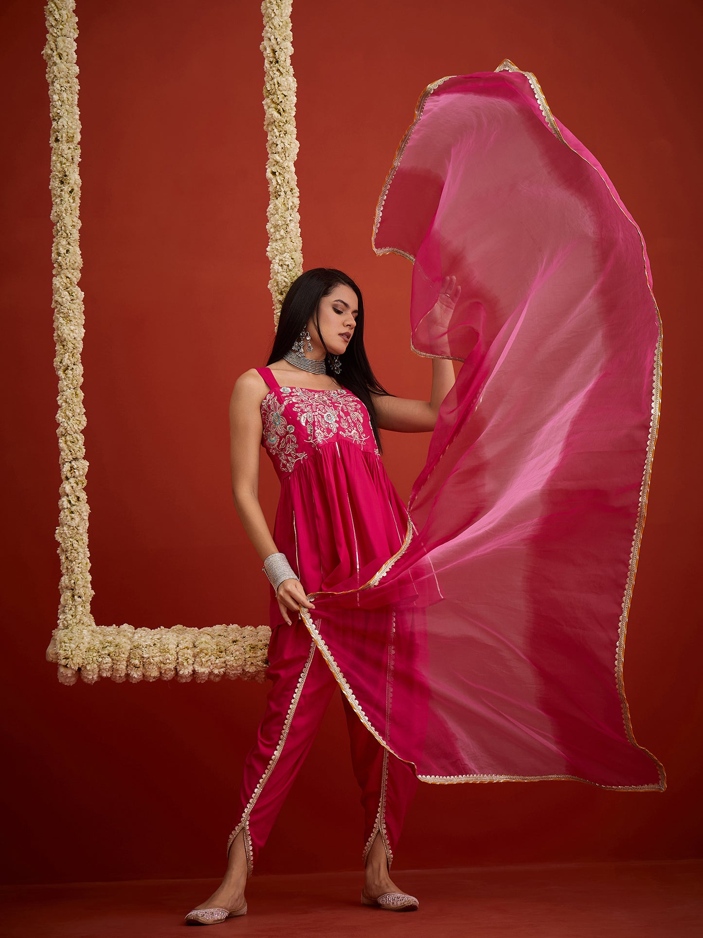 Solid & Embroidered Rayon A-Line Kurti Dhoti Pant With Dupatta Dupatta