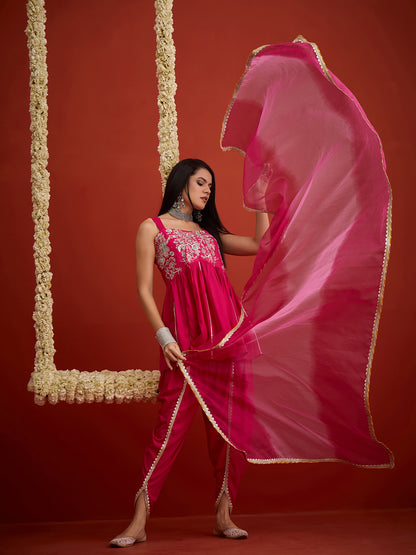 Solid & Embroidered Rayon A-Line Kurti Dhoti Pant With Dupatta Dupatta