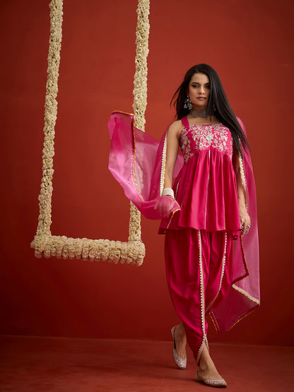 Solid & Embroidered Rayon A-Line Kurti Dhoti Pant With Dupatta Dupatta