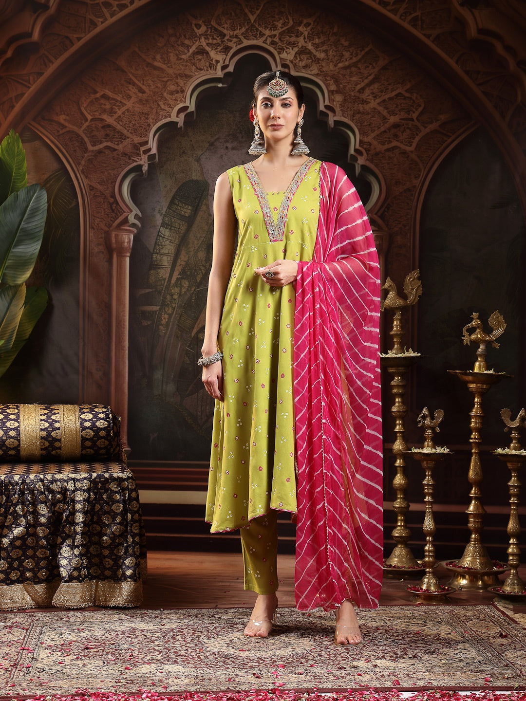 Green Bandhej Printed & Embroidered Rayon A-Line Kurta With Dupatta