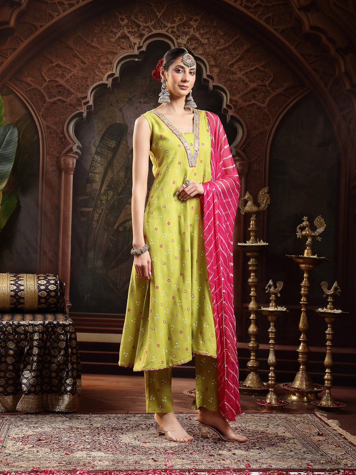 Green Bandhej Printed &amp; Embroidered Rayon A-Line Kurta With Dupatta