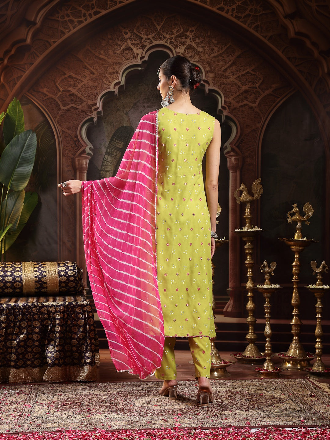Green Bandhej Printed & Embroidered Rayon A-Line Kurta With Dupatta