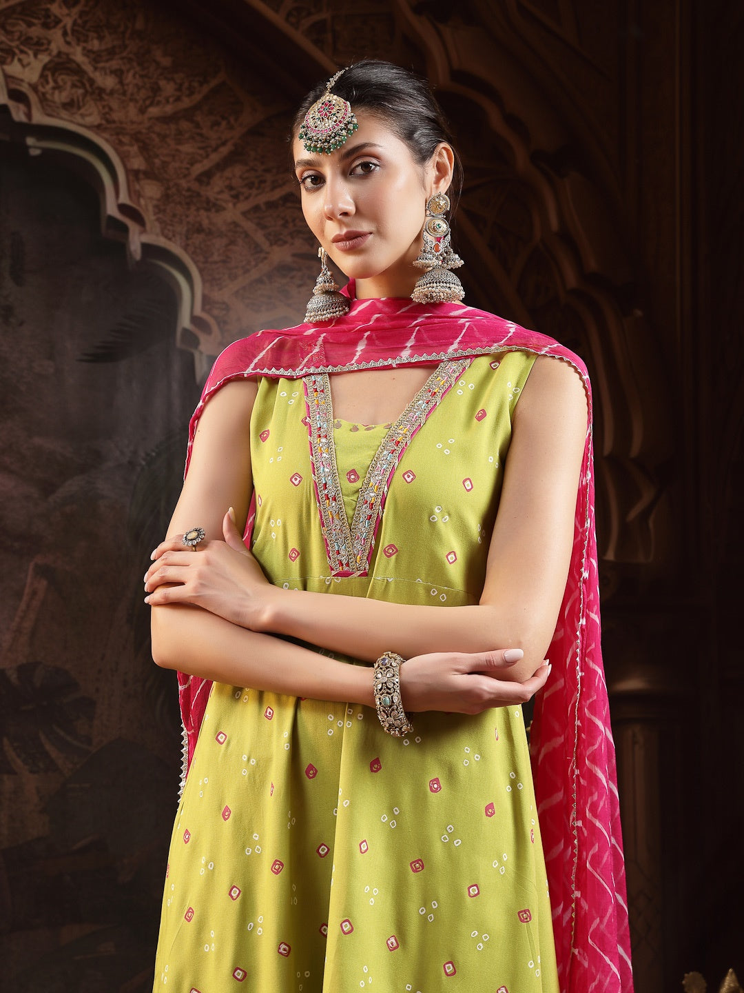 Green Bandhej Printed &amp; Embroidered Rayon A-Line Kurta With Dupatta