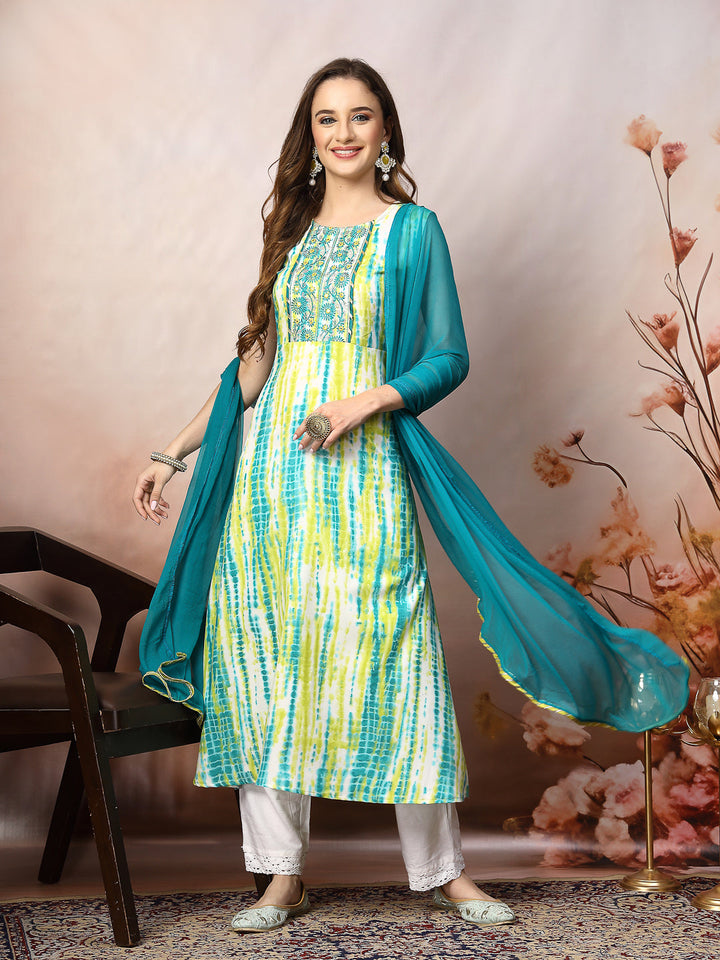 Lime Green Shibori Printed &amp; Embroidered Rayon A-Line Kurta Dupatta Set