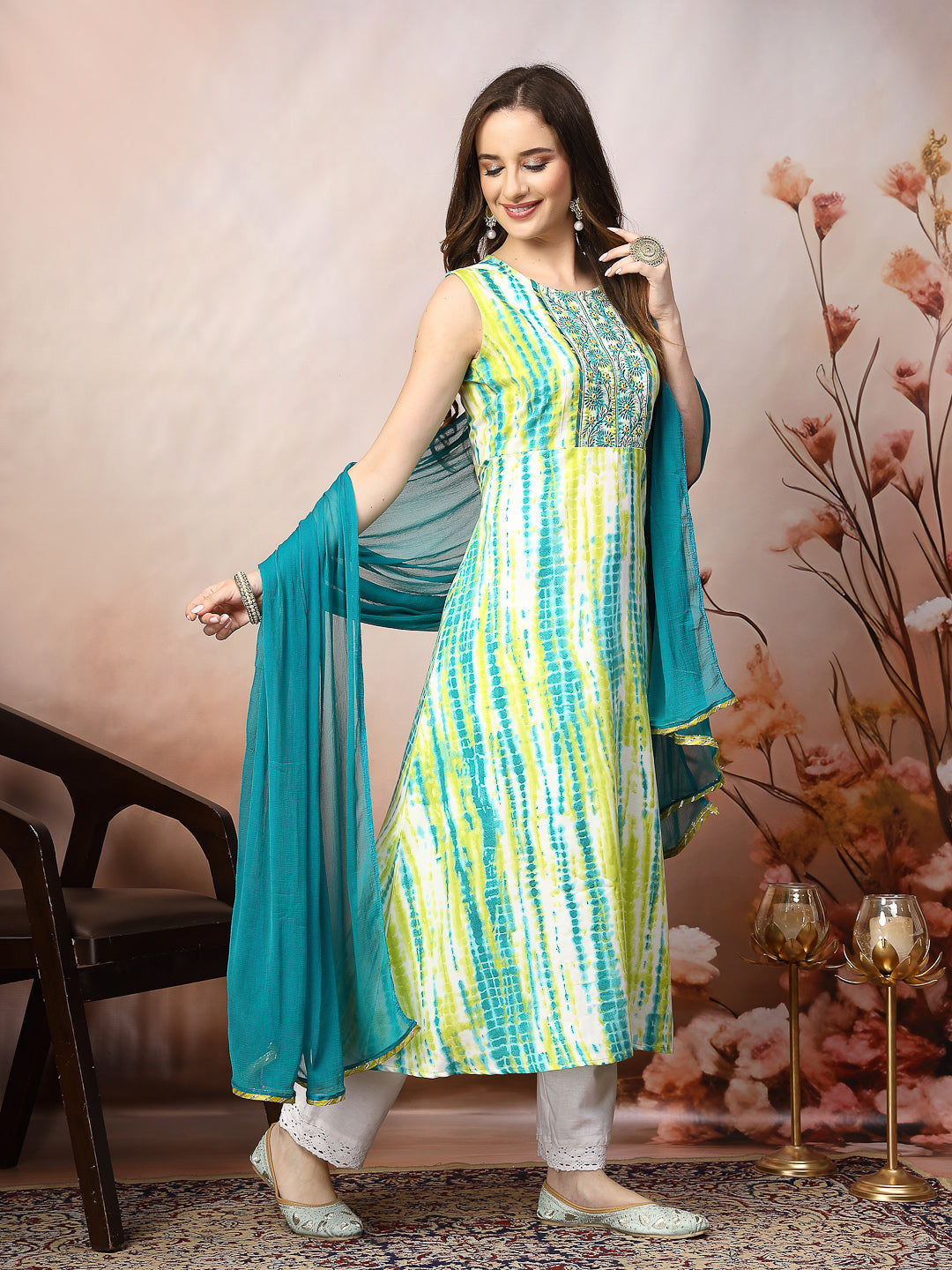 Lime Green Shibori Printed &amp; Embroidered Rayon A-Line Kurta Dupatta Set