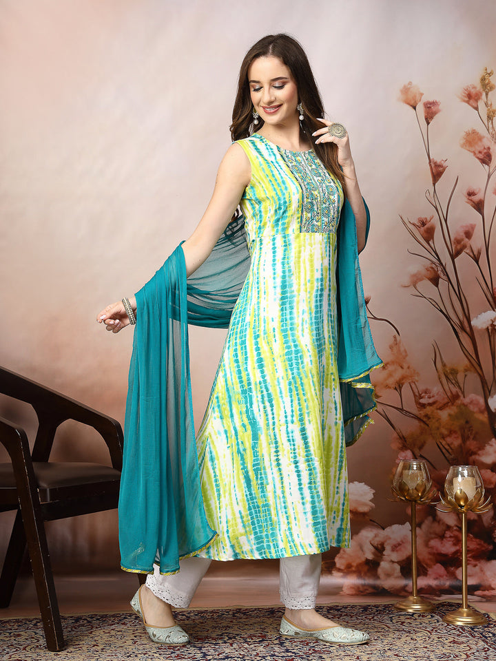 Lime Green Shibori Printed &amp; Embroidered Rayon A-Line Kurta Dupatta Set