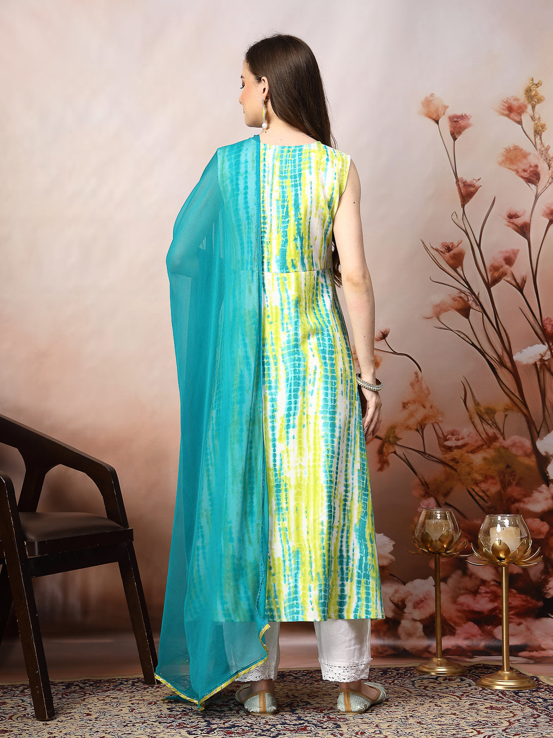 Lime Green Shibori Printed &amp; Embroidered Rayon A-Line Kurta Dupatta Set