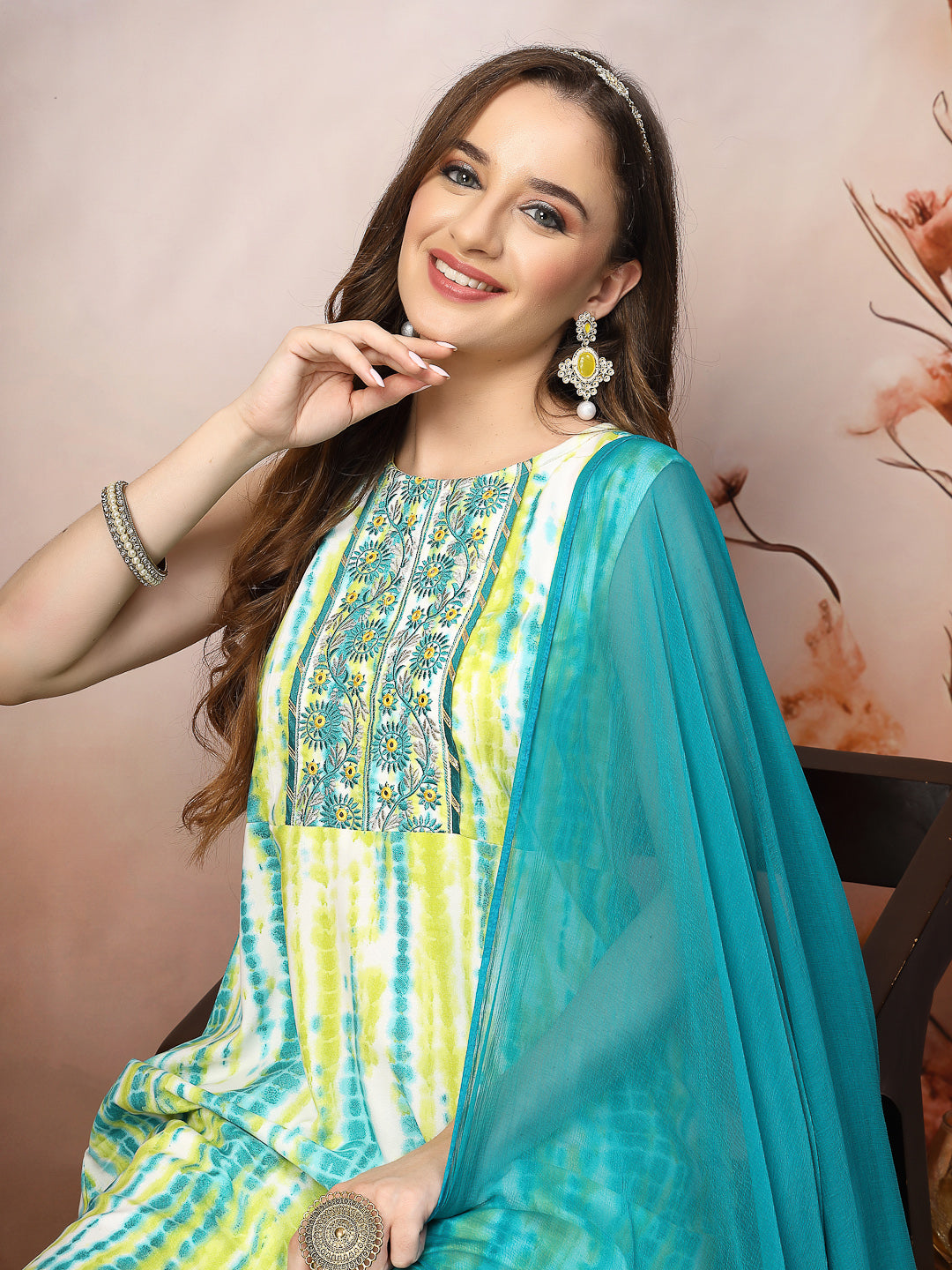 Lime Green Shibori Printed &amp; Embroidered Rayon A-Line Kurta Dupatta Set