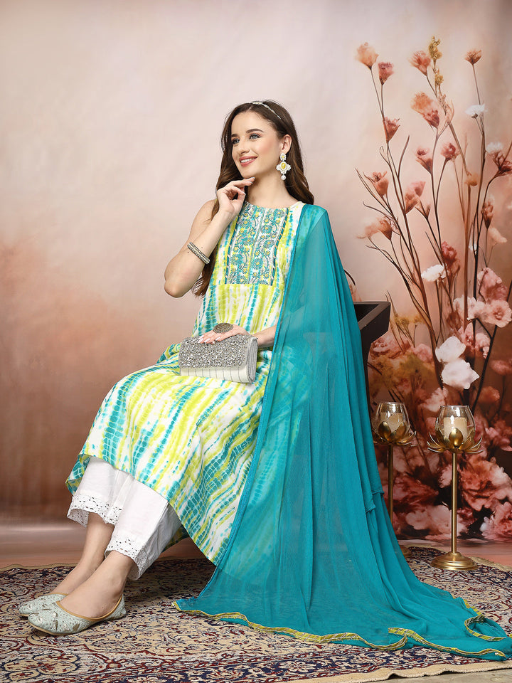 Lime Green Shibori Printed &amp; Embroidered Rayon A-Line Kurta Dupatta Set