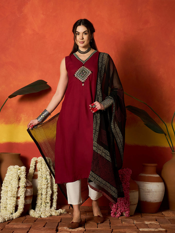 Solid &amp; Embroidered Rayon A-Line Kurta With Dupatta