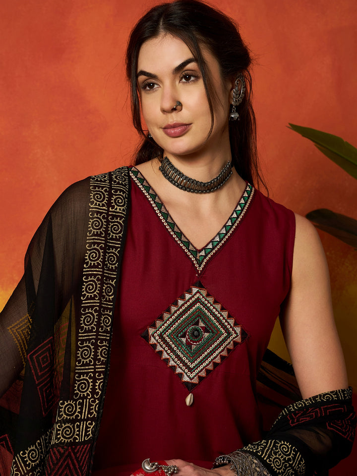Solid &amp; Embroidered Rayon A-Line Kurta With Dupatta