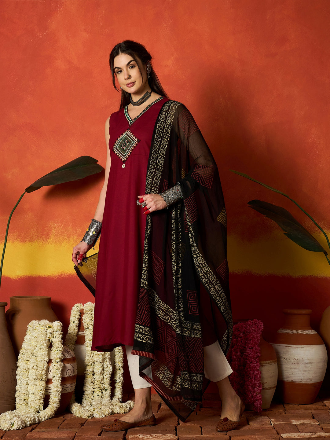 Solid &amp; Embroidered Rayon A-Line Kurta With Dupatta