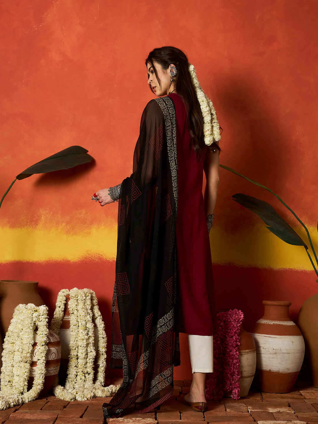 Solid &amp; Embroidered Rayon A-Line Kurta With Dupatta