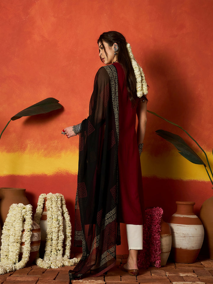 Solid &amp; Embroidered Rayon A-Line Kurta With Dupatta