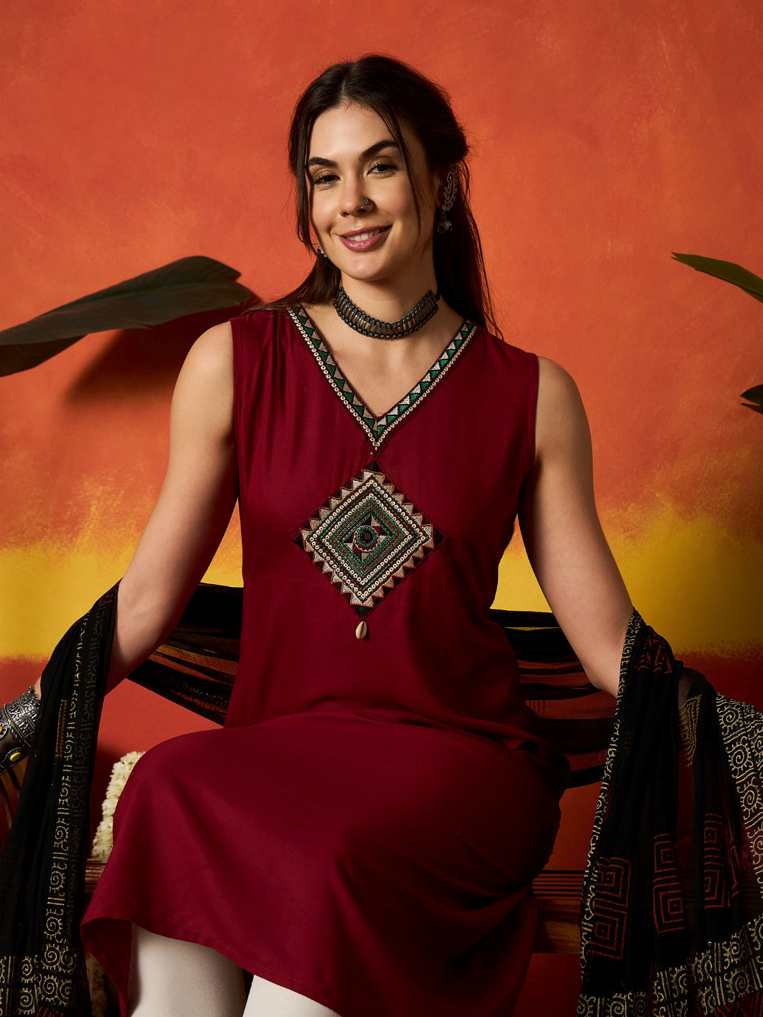 Solid &amp; Embroidered Rayon A-Line Kurta With Dupatta