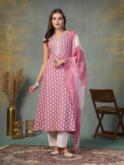 Mauve Printed & Embroidered Rayon A-Line Kurta Dupatta Set