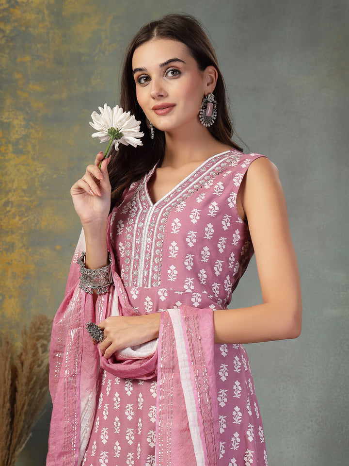 Mauve Printed &amp; Embroidered Rayon A-Line Kurta Dupatta Set