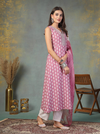 Mauve Printed & Embroidered Rayon A-Line Kurta Dupatta Set