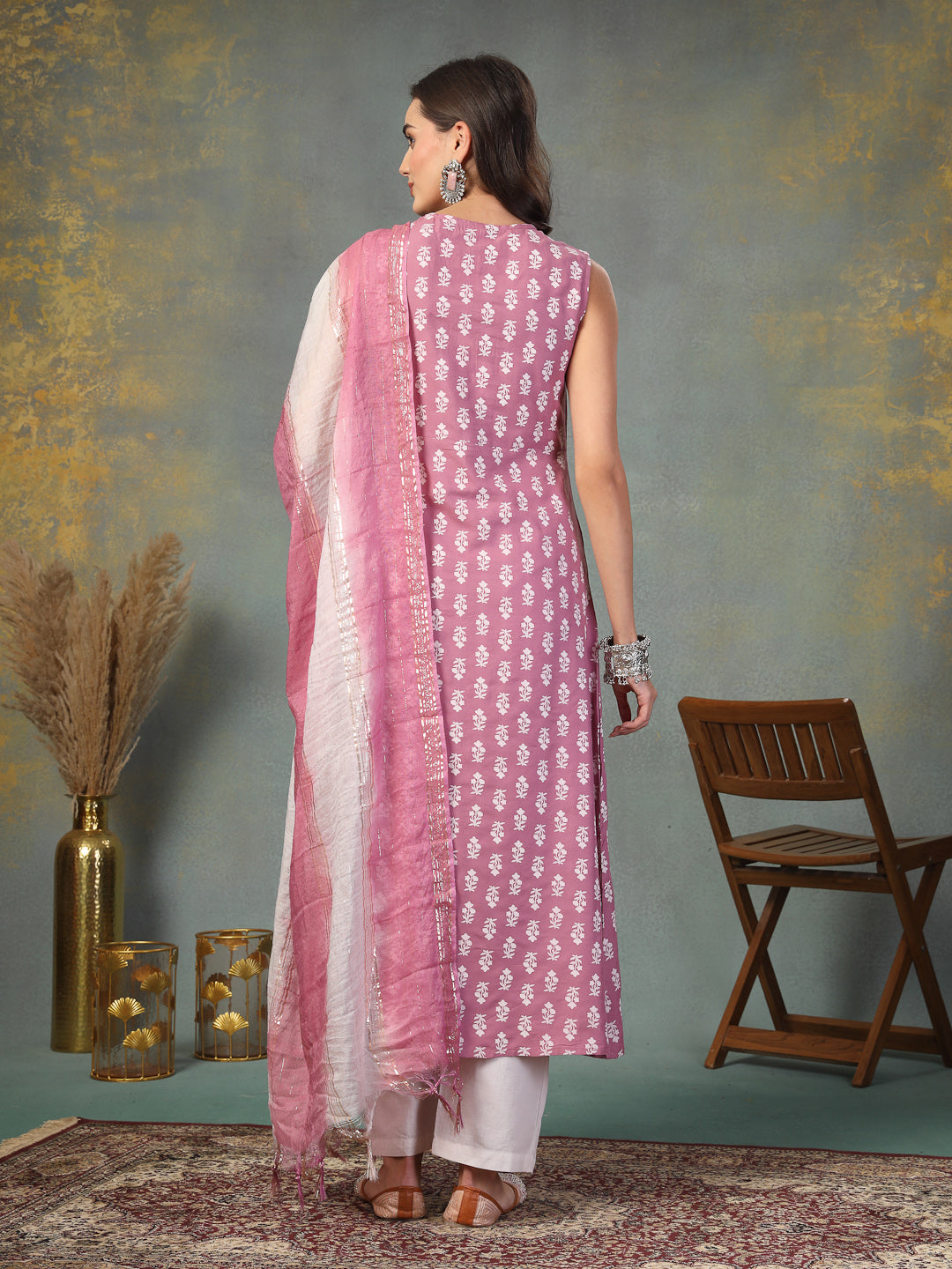 Mauve Printed &amp; Embroidered Rayon A-Line Kurta Dupatta Set